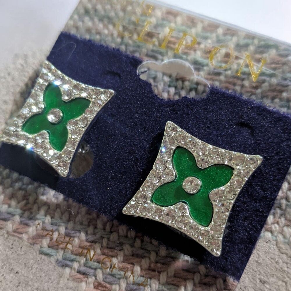 Green Clover Rhinestone Clip On Earrings Silver Statement Y2K Glam Coquette - Picture 2 of 4